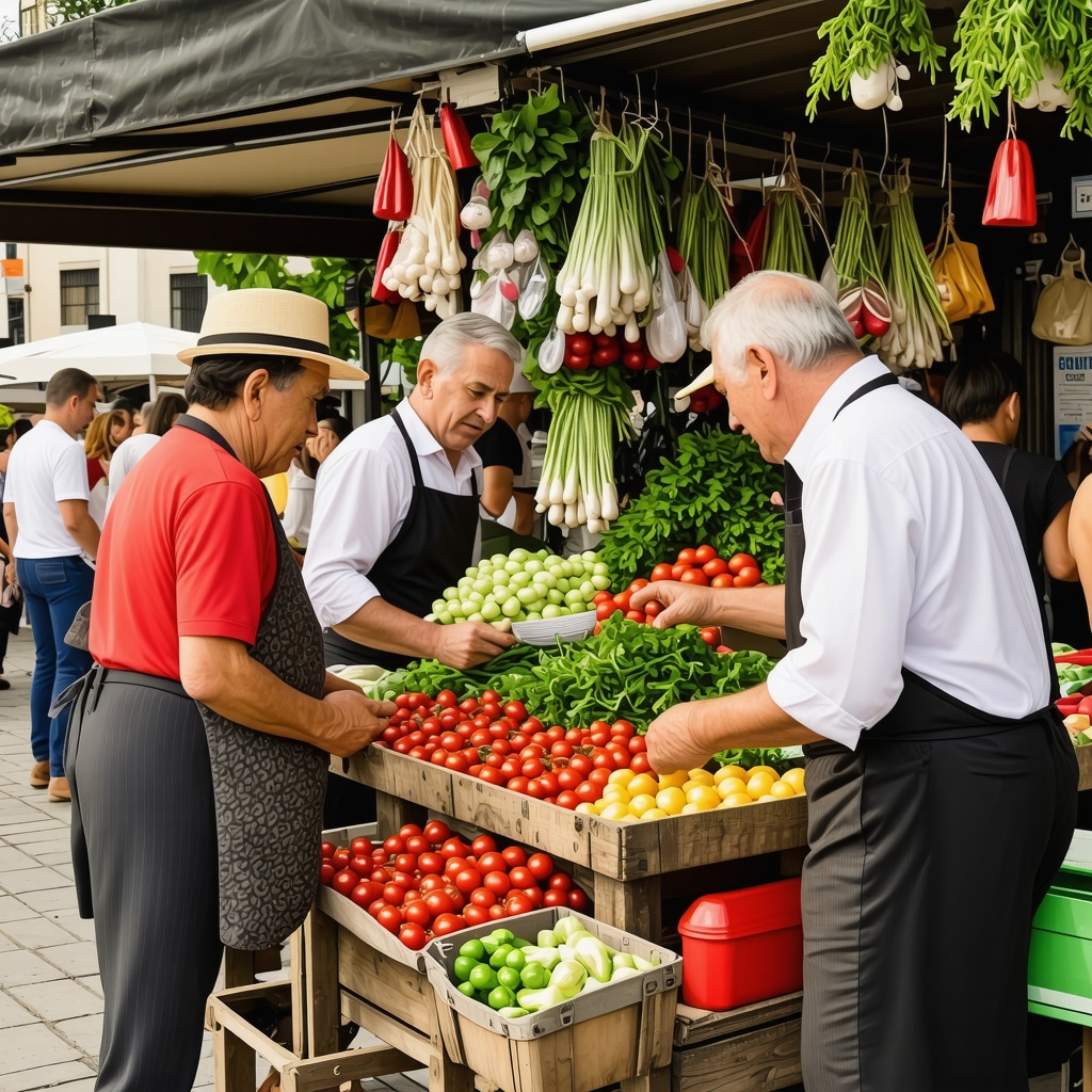 Busy local market in Bitola with fresh produce and traditional Macedonian food stalls blending tradition and innovation