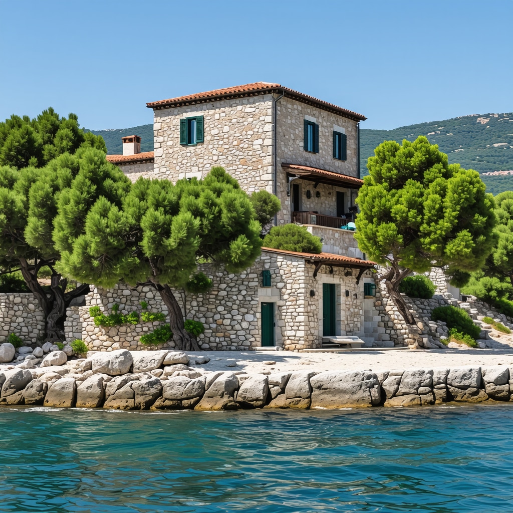 Stone houses of Brač island showing blend of traditional and sustainable architectural elements in Mediterranean setting