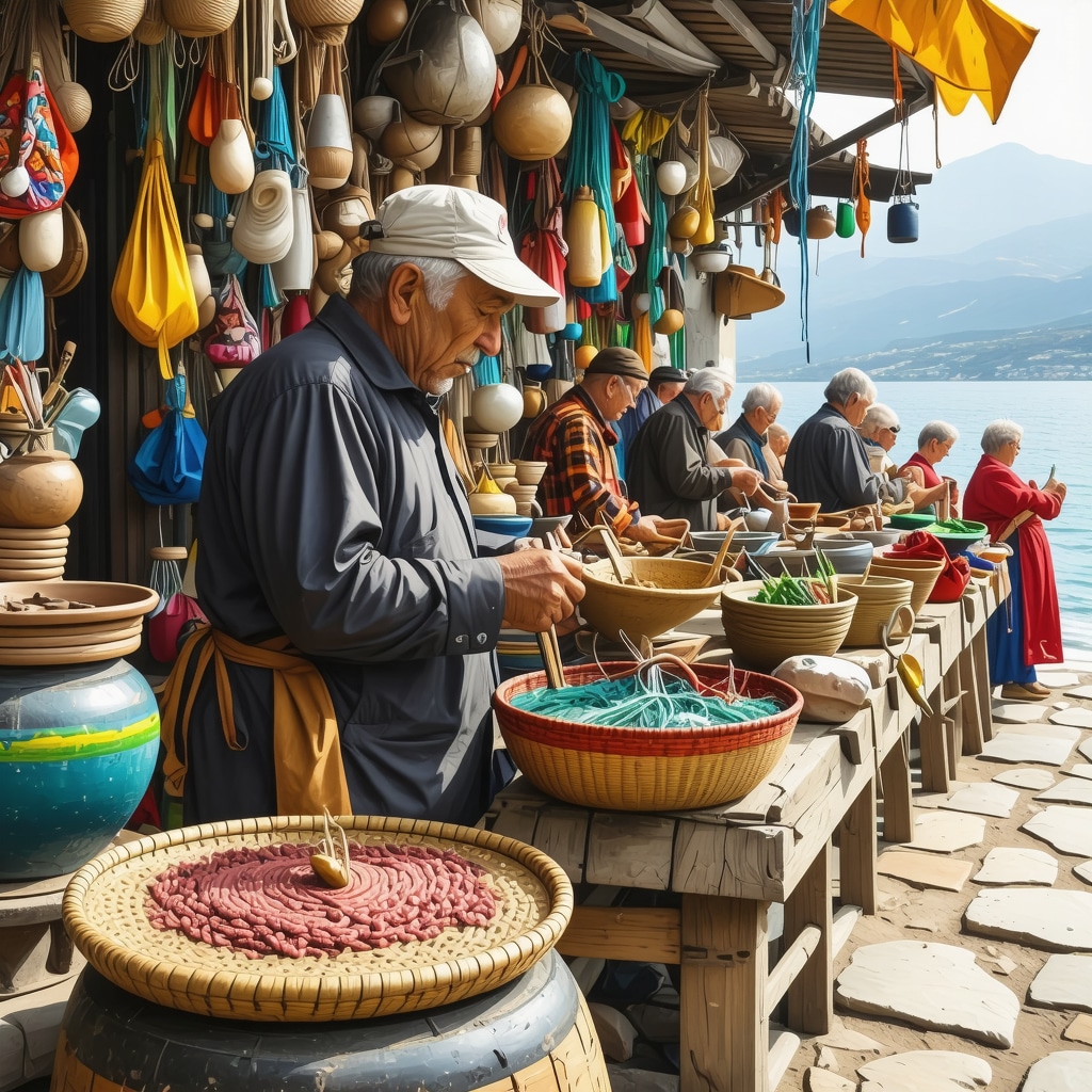 Artisans in Kavala creating crafts that blend traditional and contemporary styles against a Mediterranean coastal background