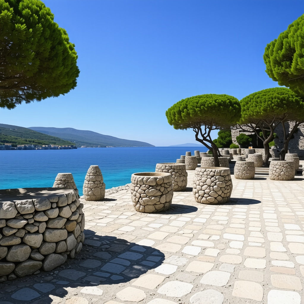 Panoramic view of Brač island with traditional stone workshops and modern 3D design elements surrounded by Mediterranean landscape and Adriatic sea