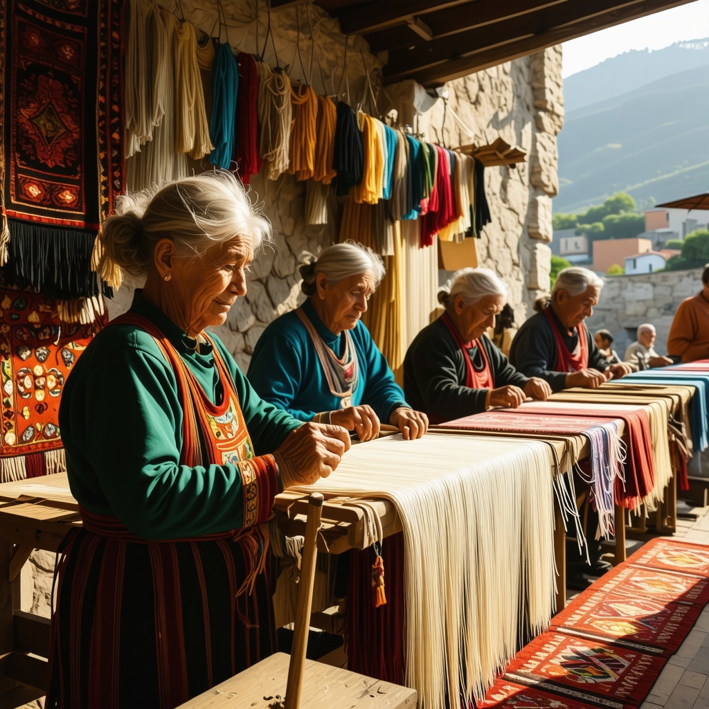 Artisans weaving colorful textiles in Kruja, Albania
