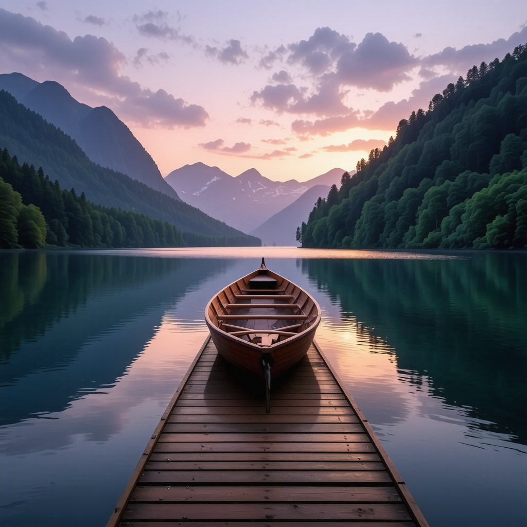 Wooden boat dock on Bohinj lake surrounded by forest and mountains during sunset
