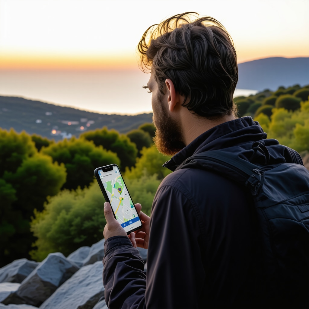 Traveler holding smartphone with hiking app open, overlooking Halkidiki coastline and forest trails