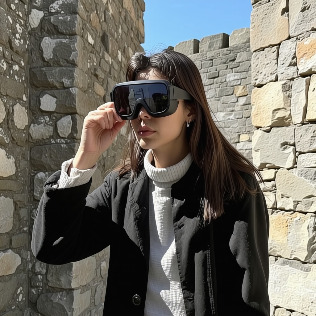 Turist cu ochelari de realitate augmentată explorând cetatea medievală Tsarevets în Veliko Tarnovo