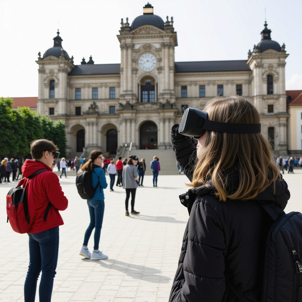 Turisti folosind ochelari de realitate augmentată pentru a descoperi detalii arhitecturale la Palatul Culturii din Iași