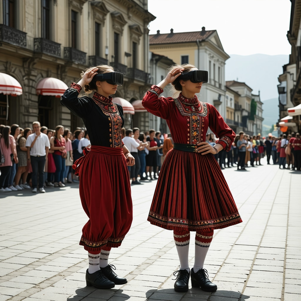 Turisti folosind tehnologie AR pentru a descoperi tradiții culturale în Banja Luka într-un oraș cu arhitectură istorică