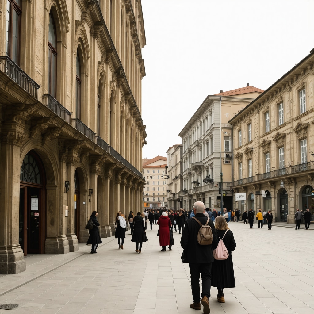 Restored historic buildings and modern cultural spaces in Tetovo with diverse community members interacting