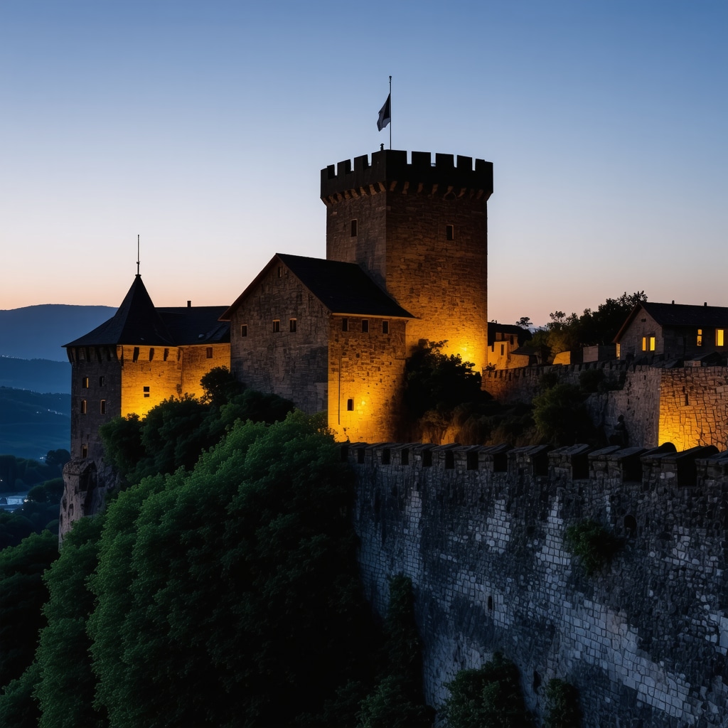 Digital augmented reality overlay on Veliko Tarnovo Fortress Tsarevets at dusk showing medieval reconstructions