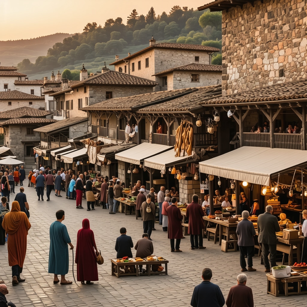 Panoramic view of Veliko Tarnovo with medieval buildings, artisans, and cultural activities