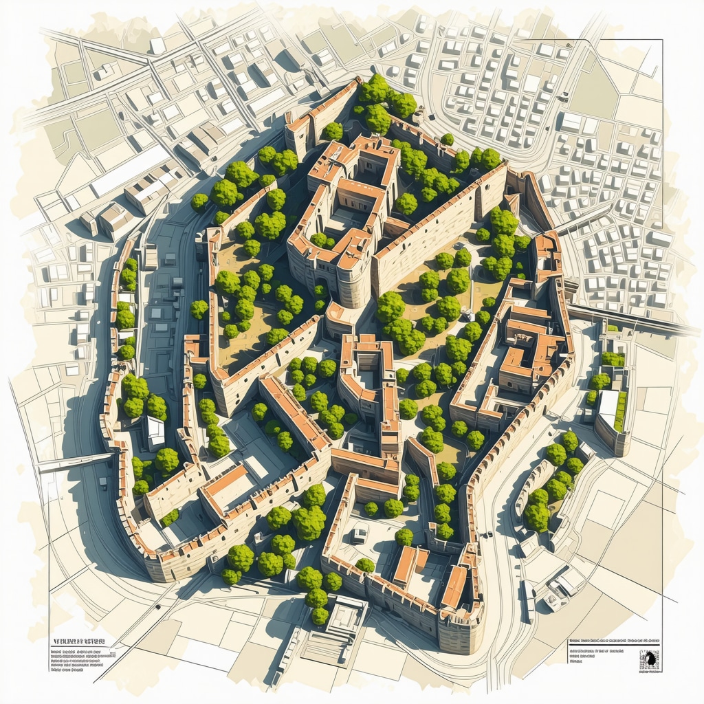 Aerial view of Veliko Tarnovo featuring Tsarevets Fortress with digital tour overlays