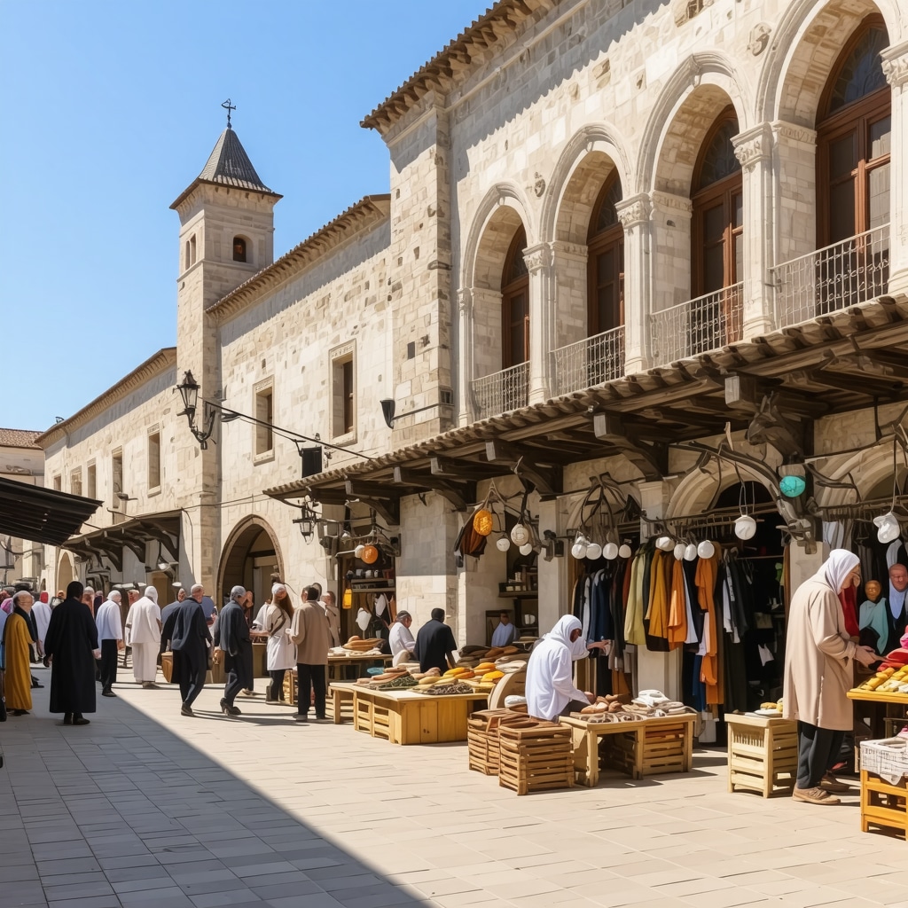 Street in Edirne with Ottoman buildings and local artisans interacting with tourists