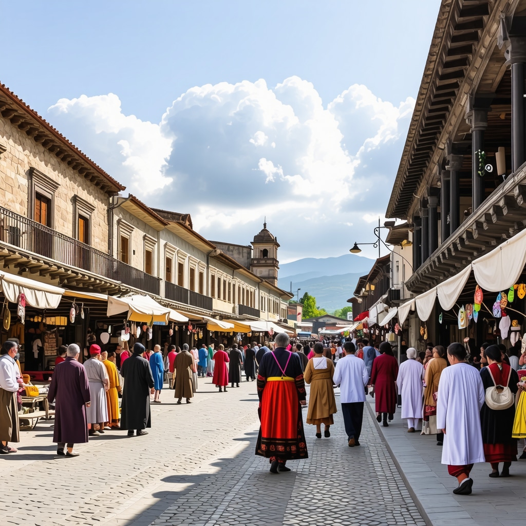 Colorful market street in Gostivar with people in traditional clothes and historic architecture