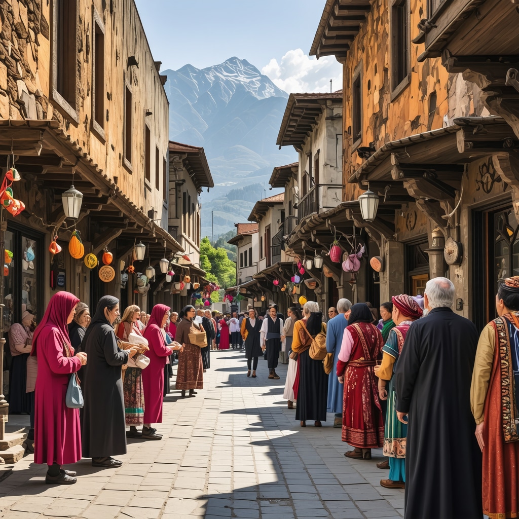 Colorful street in Tetovo with locals, traditional attire, and mountainous background