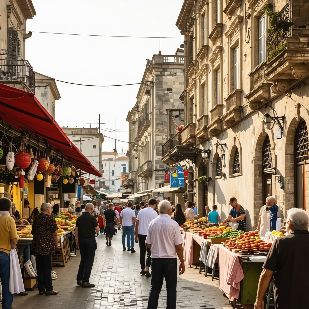 Colorful market street in Izmir with people, traditional foods, and historic-modern architecture