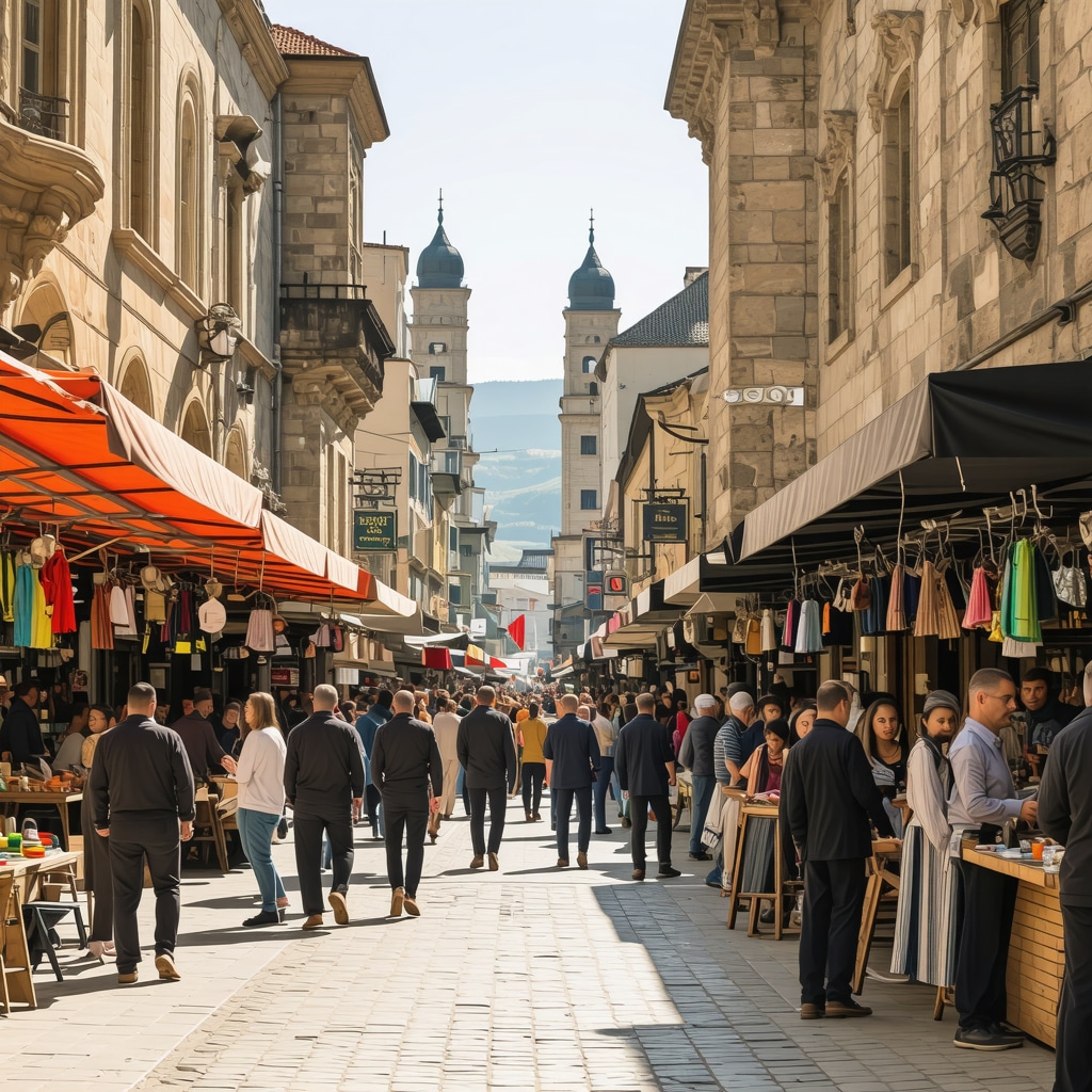 Skopje street showing a mix of traditional and modern architecture with local market and festival ambiance