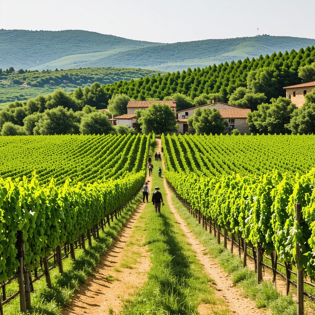 Harvest season in Tekirdağ with vineyard workers and traditional winery buildings