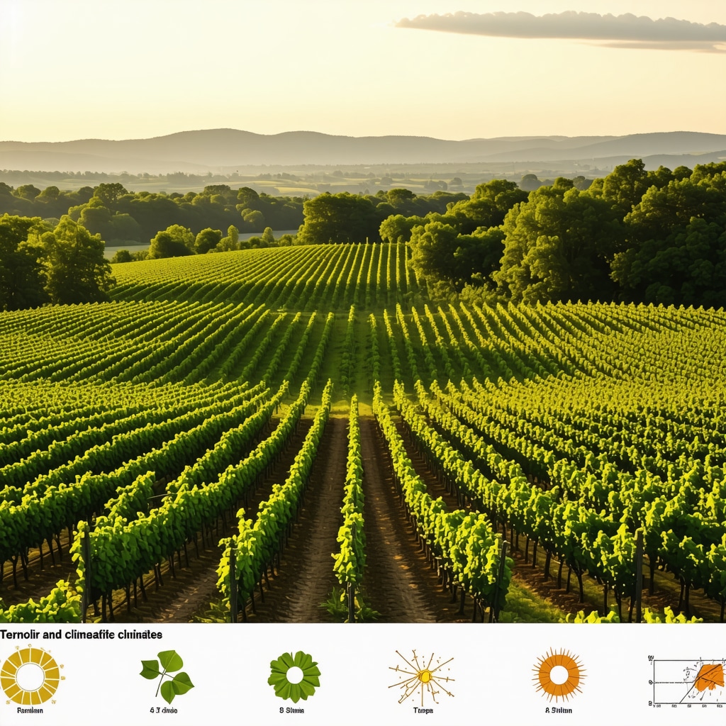 Vineyard landscape with scientific overlays showing terroir and microclimate in Tikveš