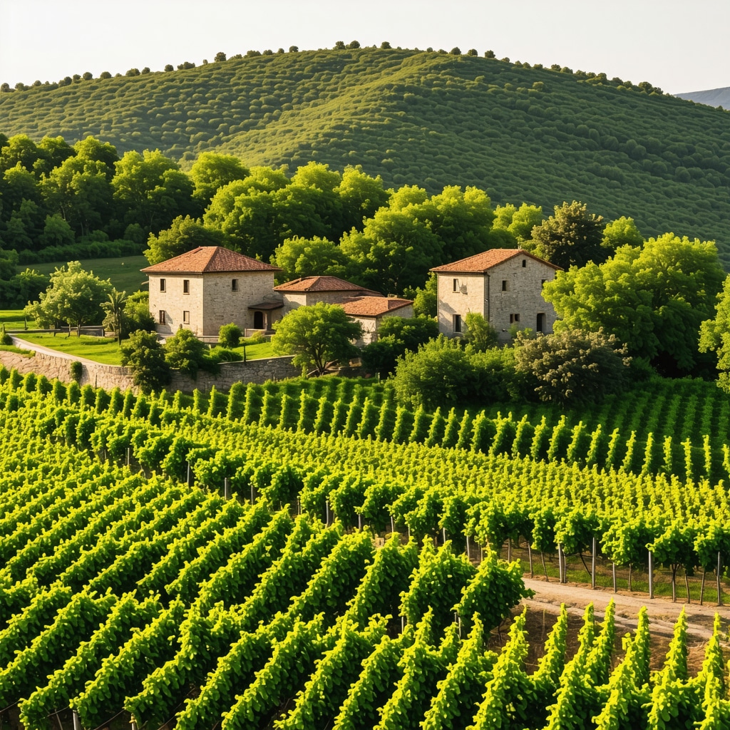 Sunlit vineyards with traditional stone houses in Melnik, Bulgaria, showcasing rural wine culture