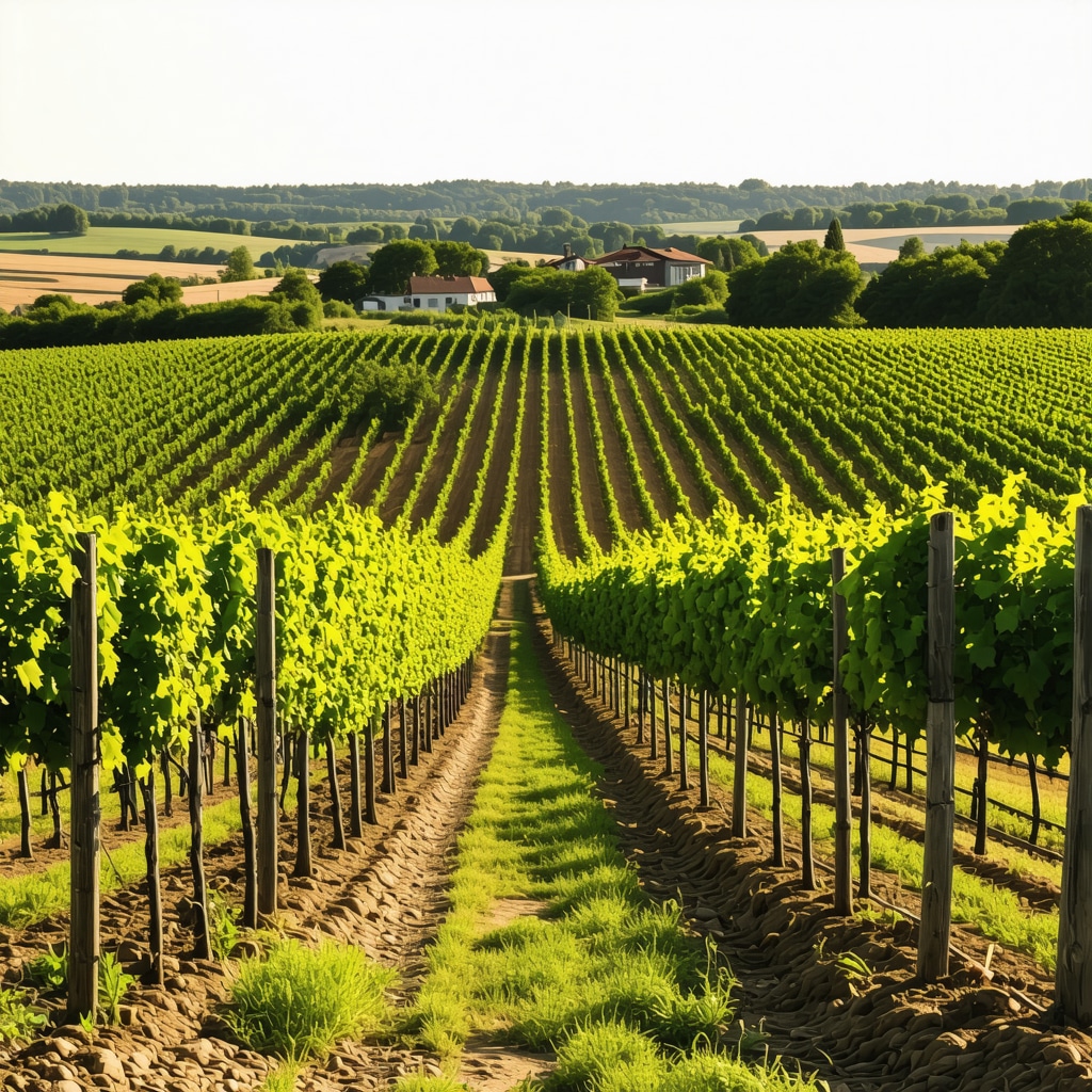 Rows of grapevines with soil and modern winery buildings in Tikveș under clear sky