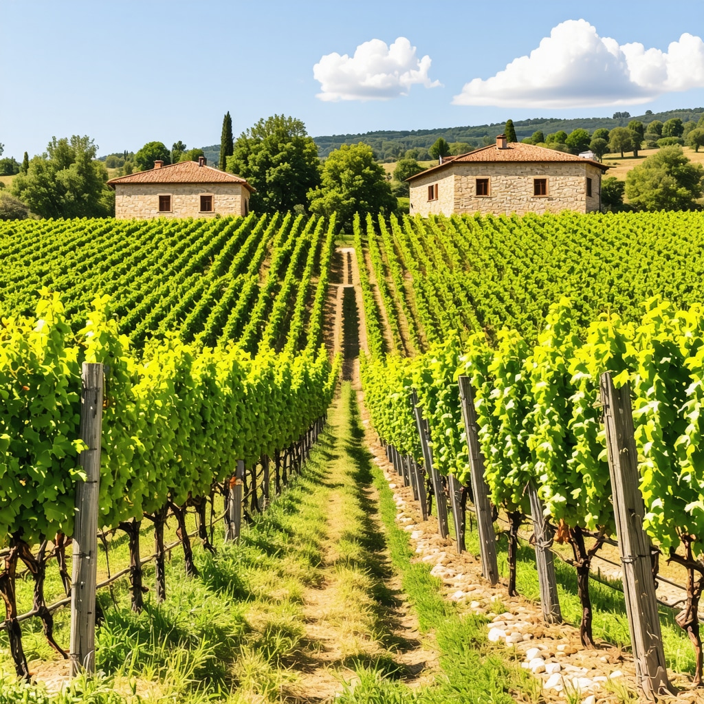 Rows of grapevines in Tikveș region with traditional stone buildings and clear blue sky
