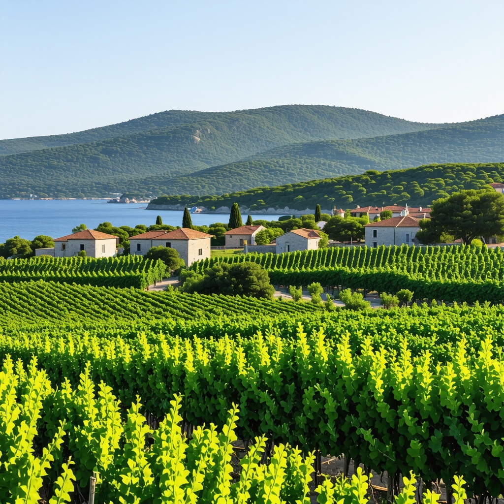Lush vineyards on Hvar island overlooking the Adriatic Sea with traditional stone houses