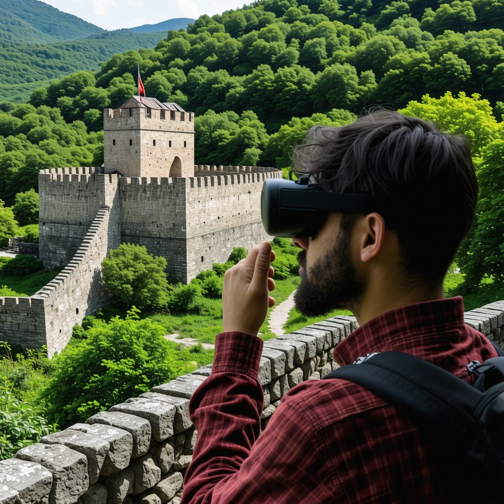 Person using augmented reality glasses to view 3D digital reconstruction of Herceg Stjepan fortress surrounded by natural landscape