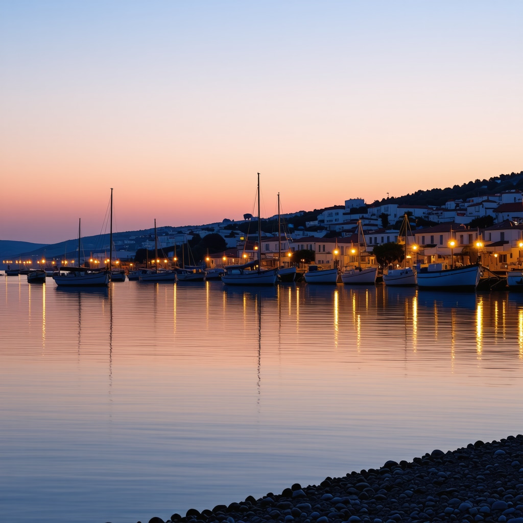 Sunset over Vodice Adriatic coastline with cultural festival lights and boats