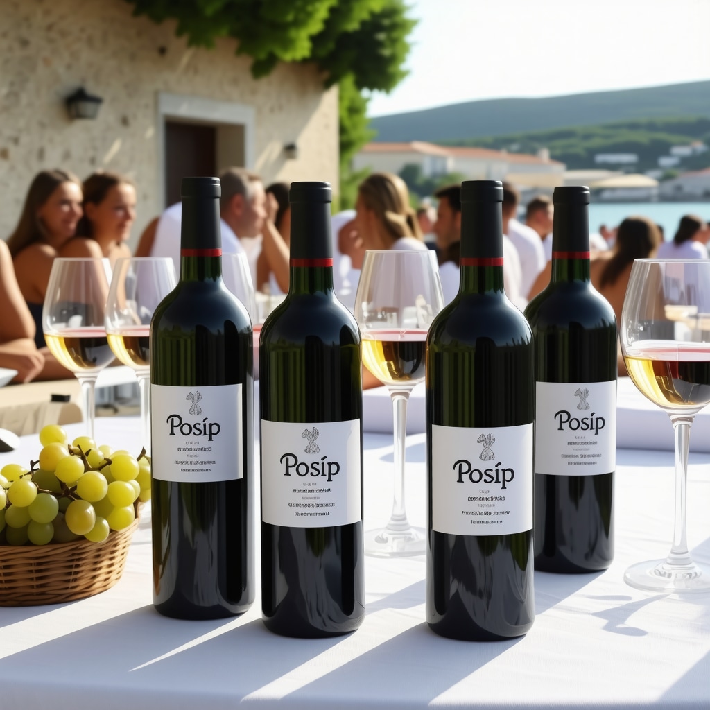 Tourists enjoying Pošip wine tasting with traditional Dalmatian buildings in the background in Korčula