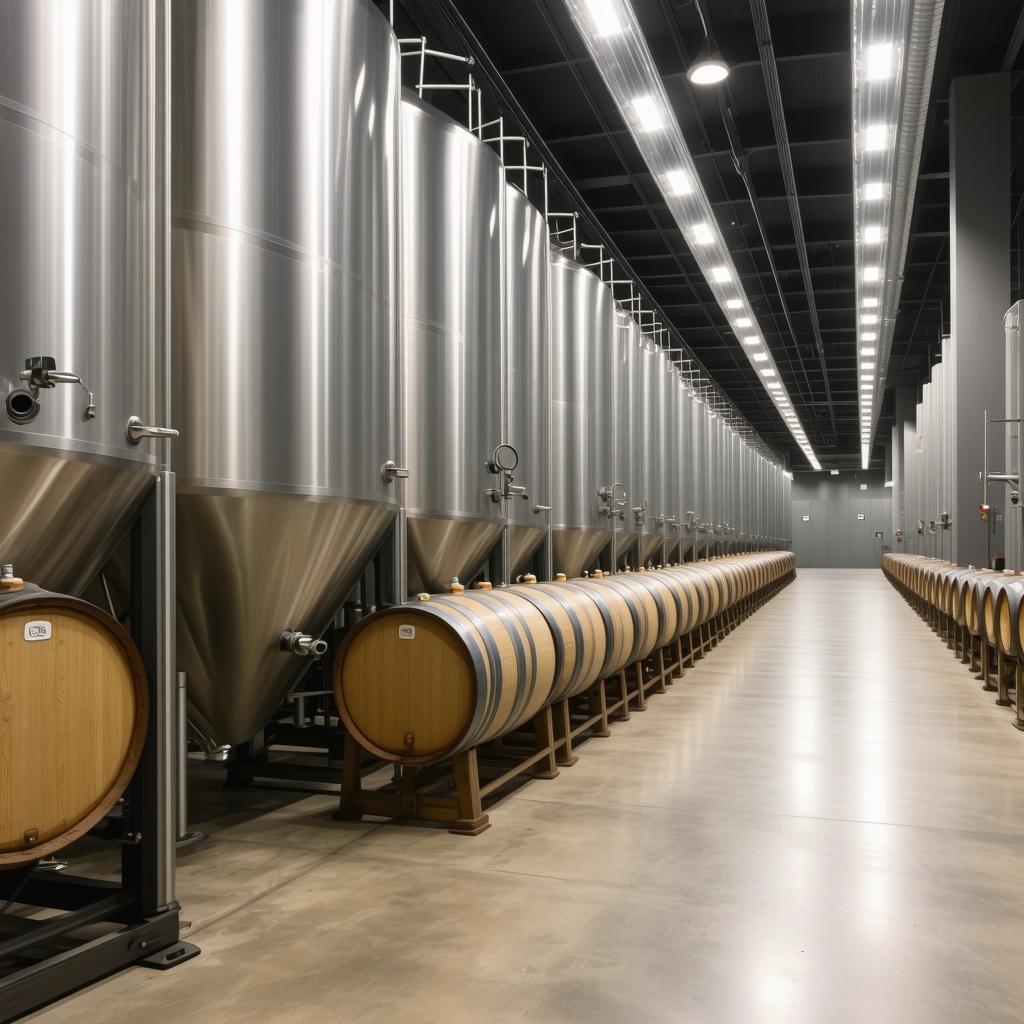 Interior of a modern wine cellar in Tikves showing fermentation tanks and oak barrels