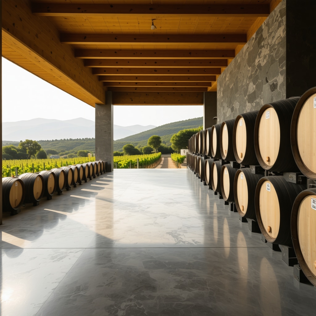 Modern winery interior with traditional barrels and digital sensors on Hvar island