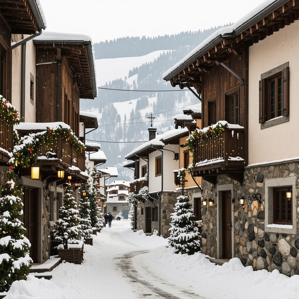 Traditional Bulgarian village street in Bansko decorated with Christmas lights and snow