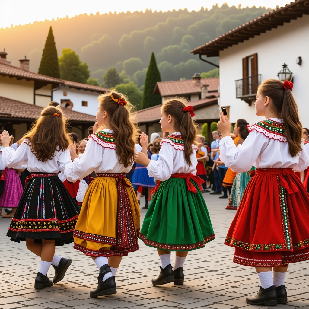 Young people in traditional Bosnian costumes dancing at a festival in a village square