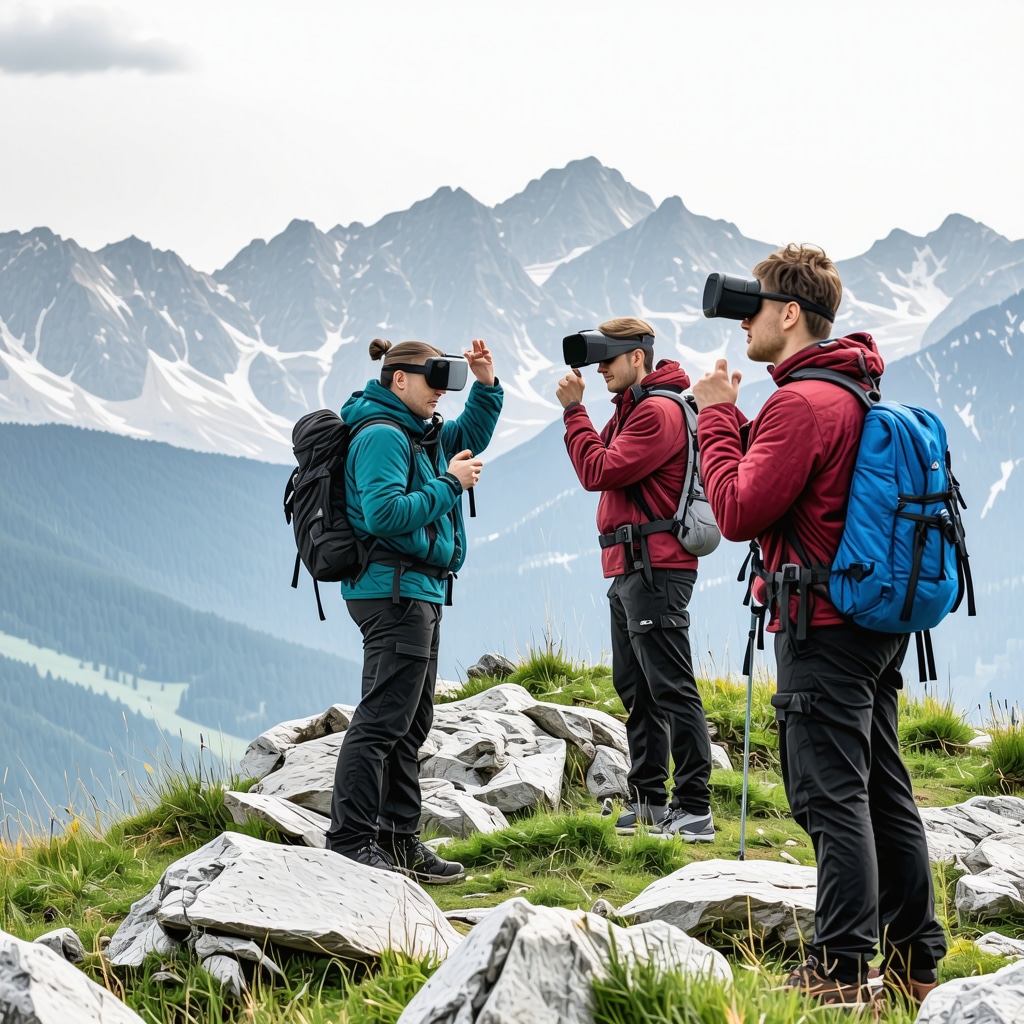 Hikers in Žabljak using augmented reality devices with mountain panoramic background