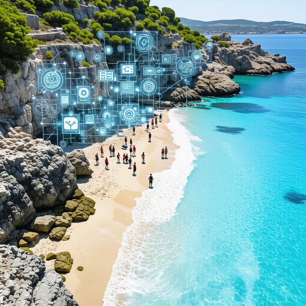 Aerial image showing Crete's wild beaches with digital overlays indicating environmental monitoring by drones and AI systems