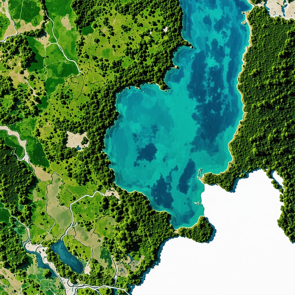 Multispectral aerial view of Lake Srebrno highlighting aquatic vegetation and bird habitats