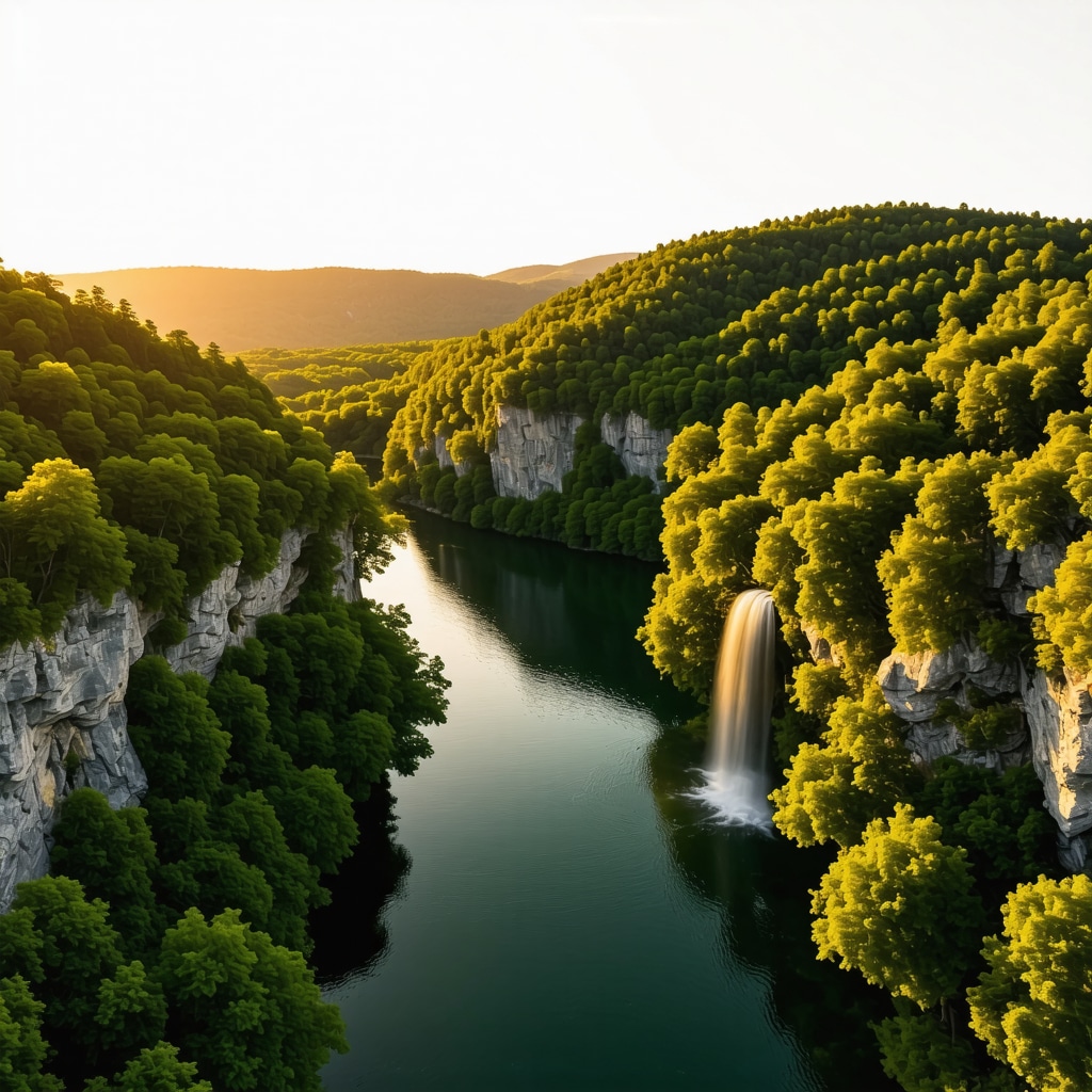 Drone view of Plitvice Lakes with waterfalls and lush landscape during golden hour