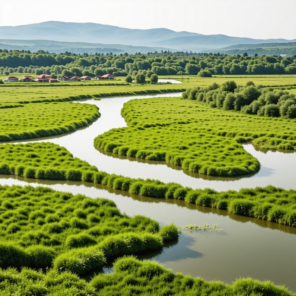 Aerial landscape of Divjakë-Karavasta Natural Reserve featuring wetlands, pelicans, and nearby local villages