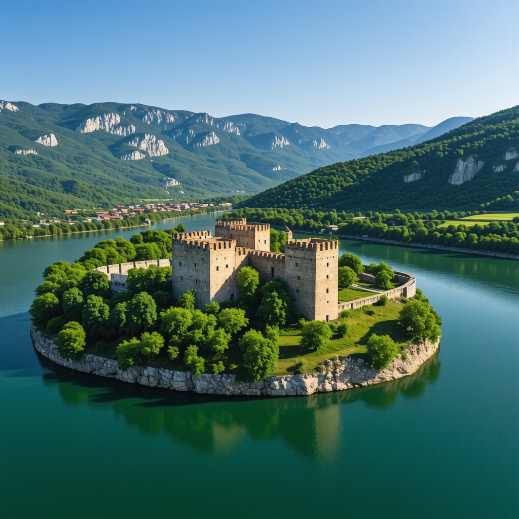 Aerial photograph showing Golubac medieval fortress on the Danube River with surrounding natural landscapes
