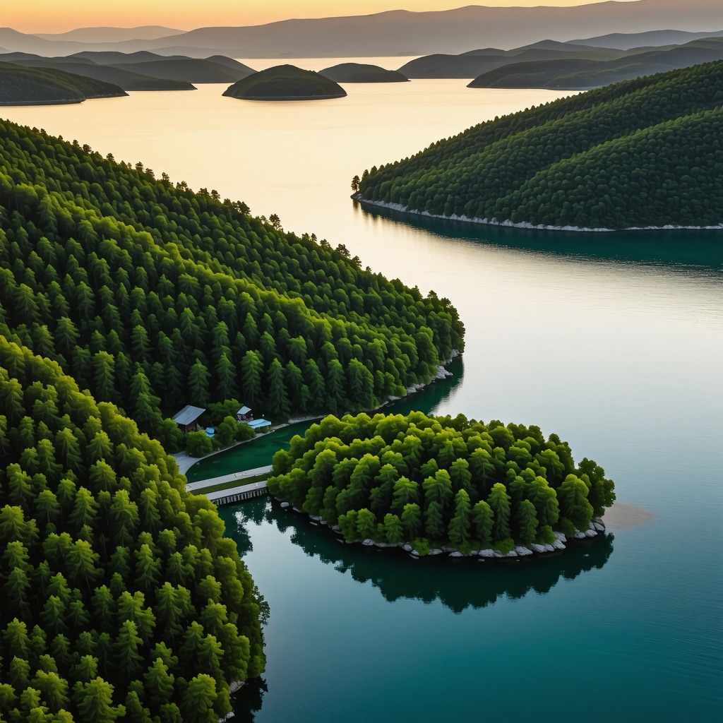 Aerial image showing lush forests, saltwater lakes, and eco-friendly boutique hotels on Mljet Island at sunset