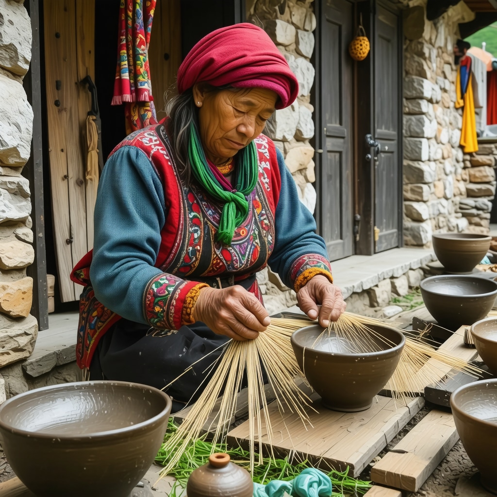 Local artisans practicing weaving and pottery in mountain village of Prizren with traditional costumes and scenic backdrop.