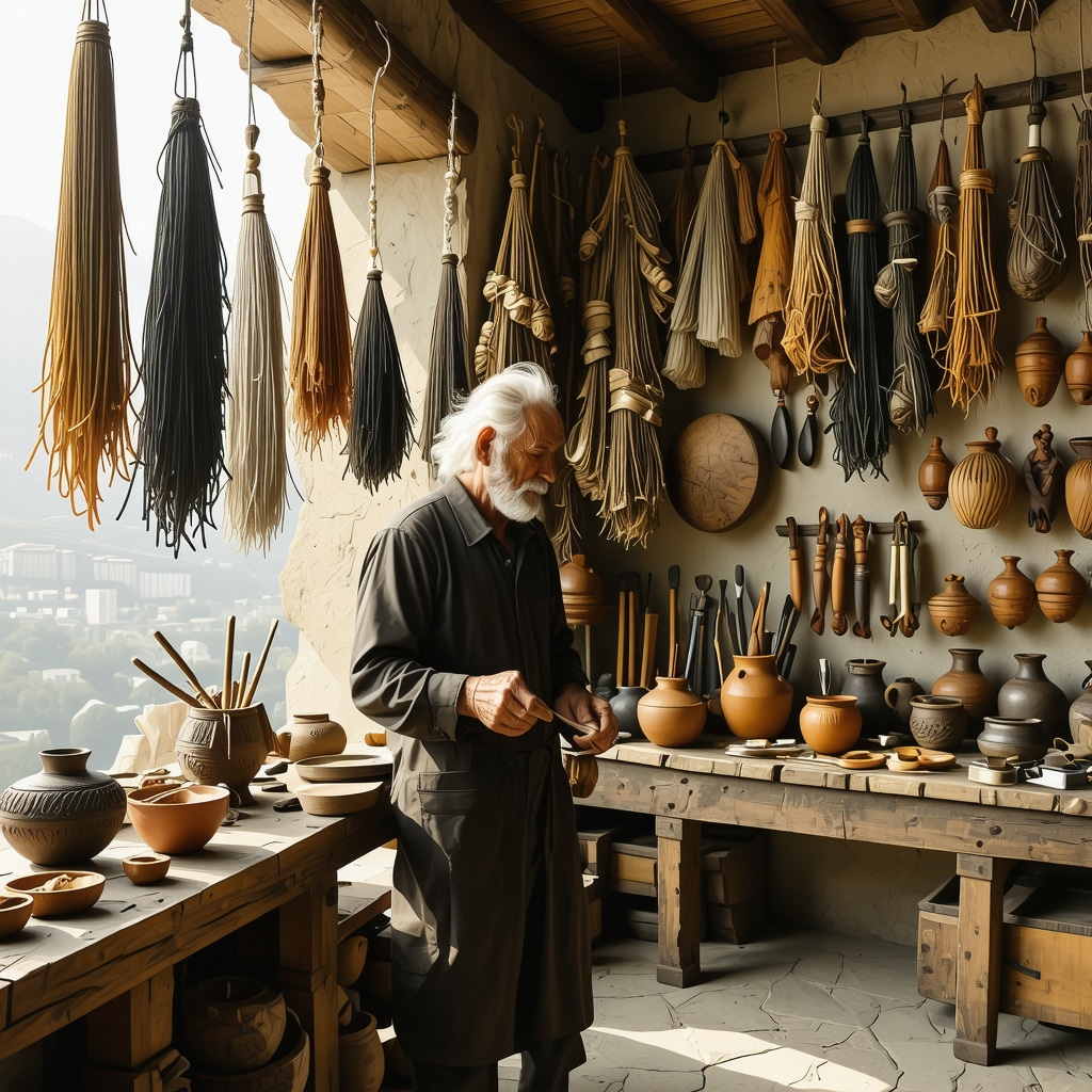 Meșteșugari balcanici la atelierul de olărit, înconjurați de obiecte de ceramică autentice