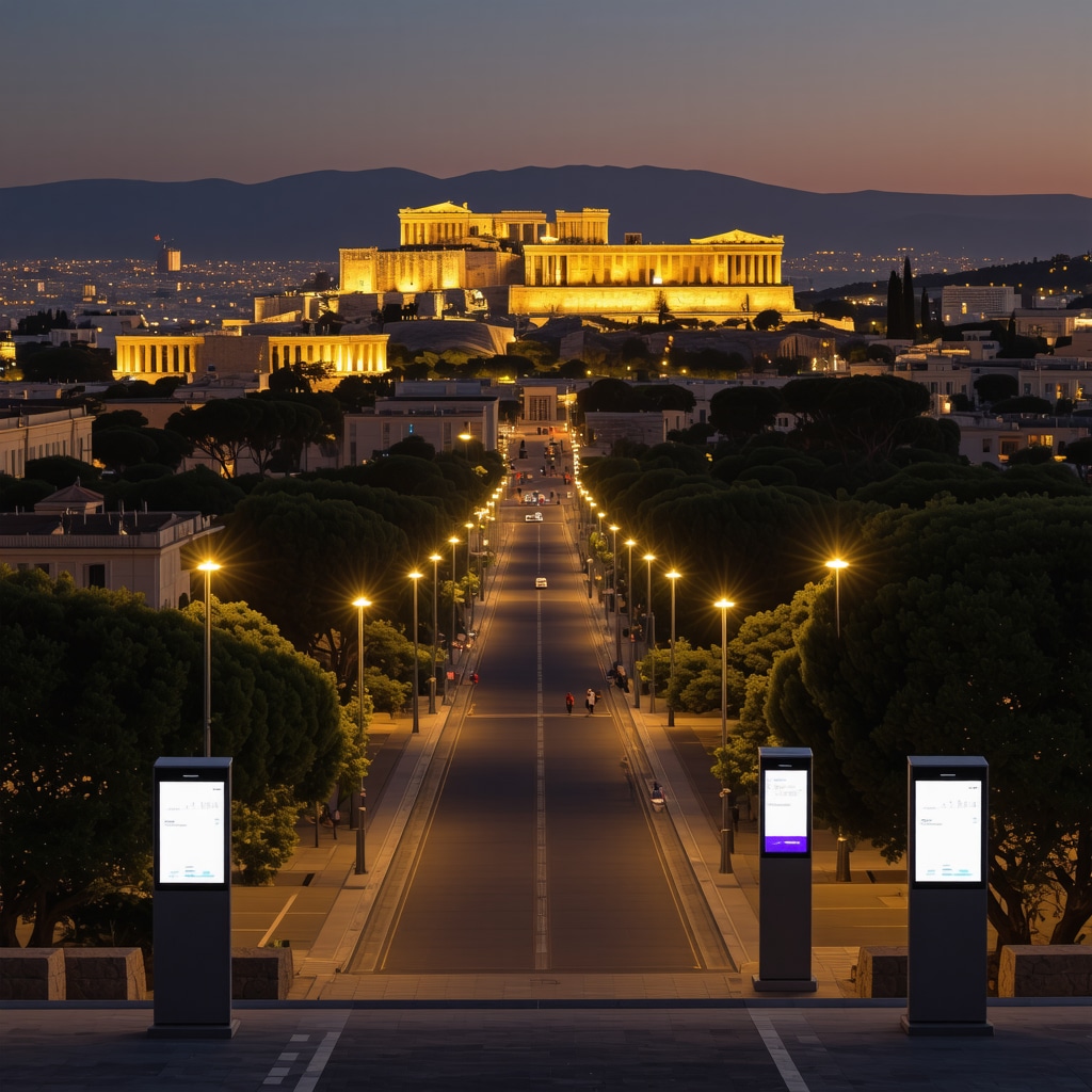Panoramic view of Athens with ancient monuments illuminated by smart city lighting blending heritage and technology