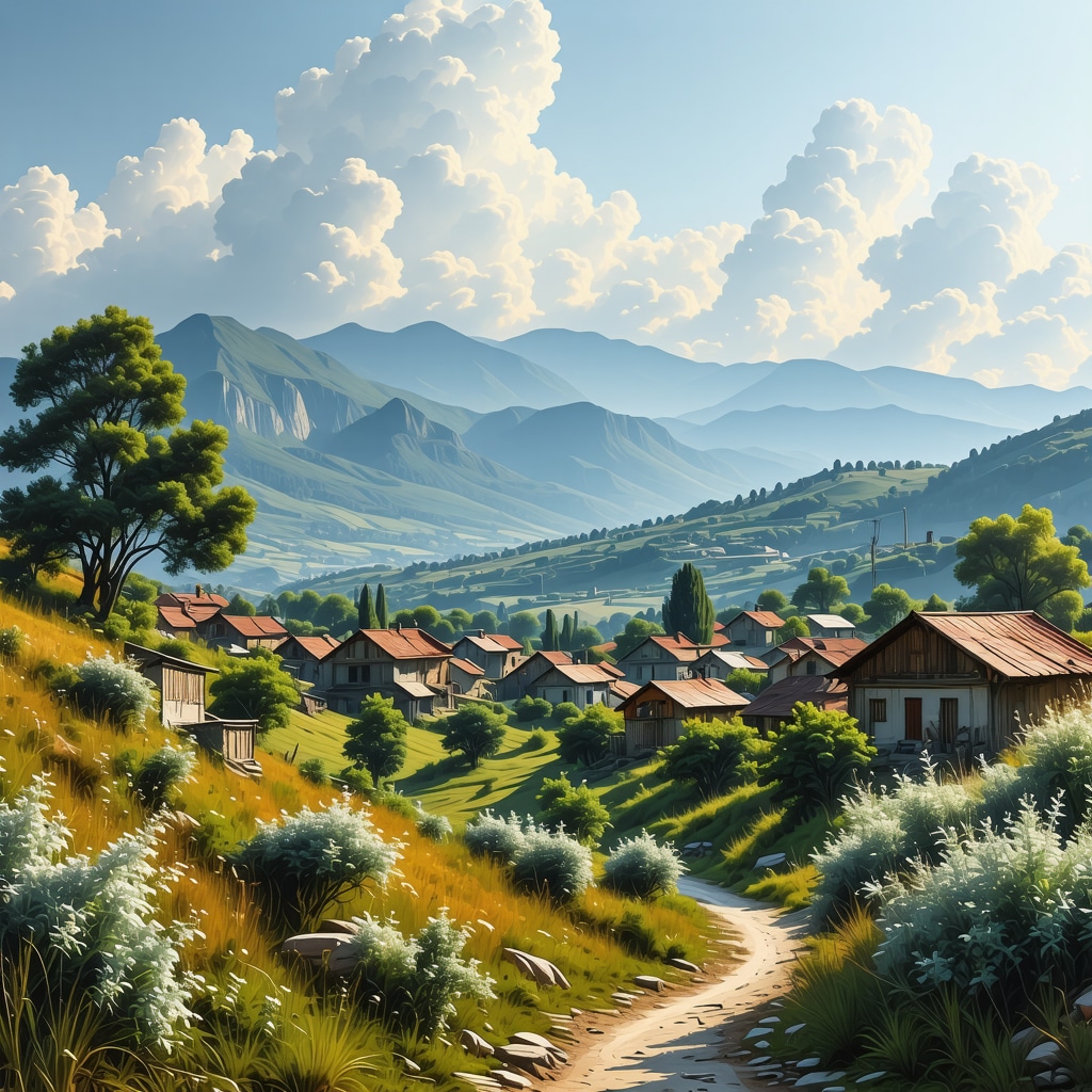 Traditional Balkan village with mountains and natural scenery, vibrant colors, high detail