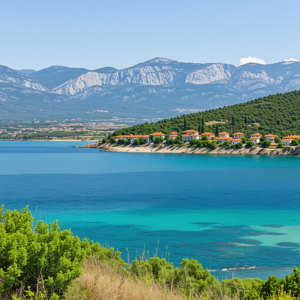 Scenic view of Balkan coast with mountains and traditional villages
