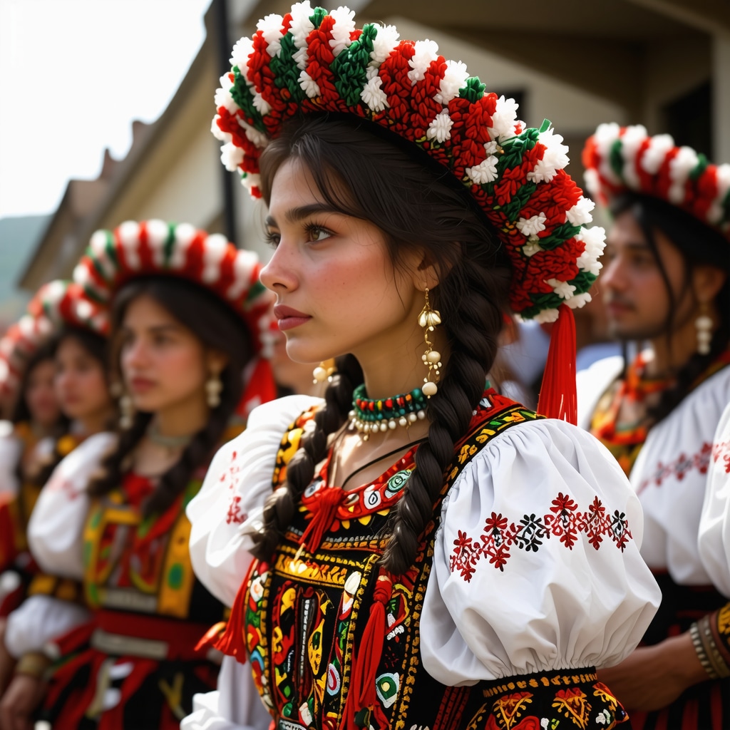 Traditional Balkan costumes and festival scene
