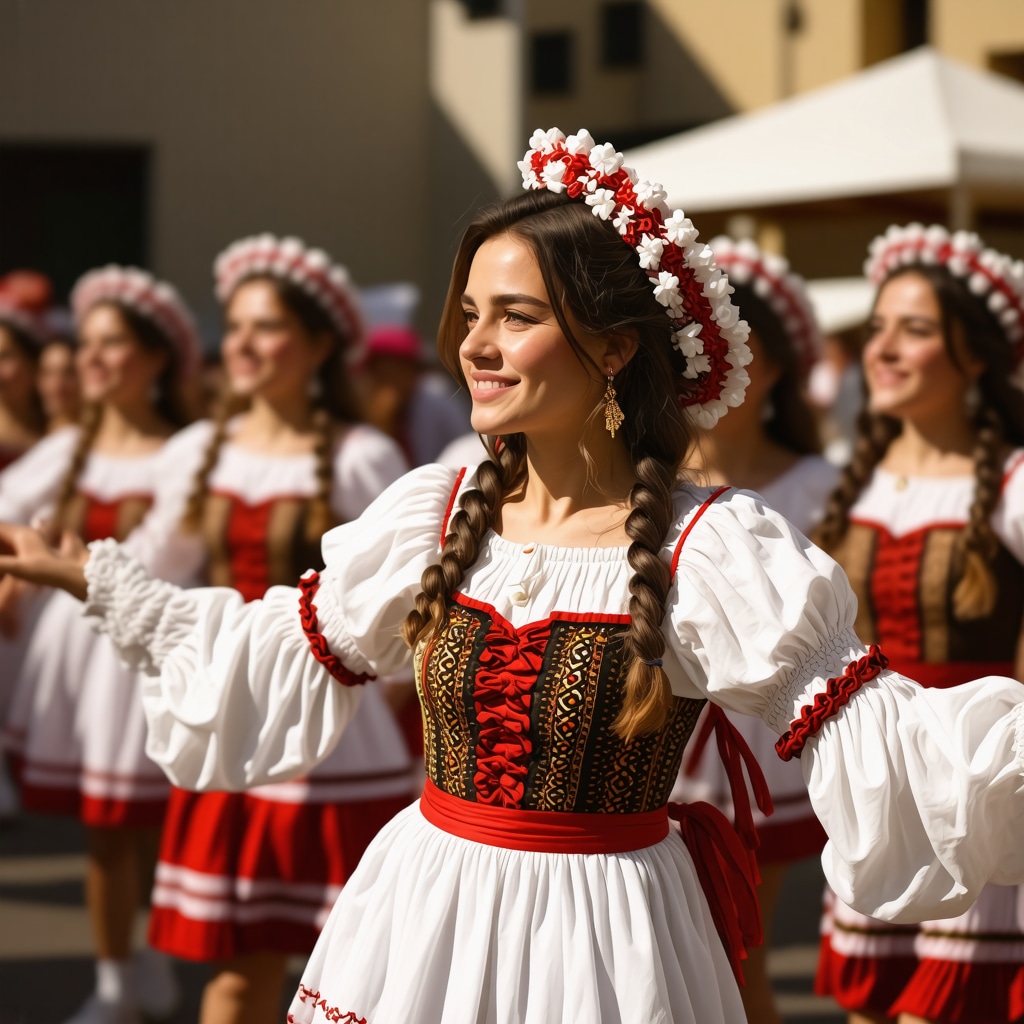 Traditional Balkan festival with dancers in colorful costumes