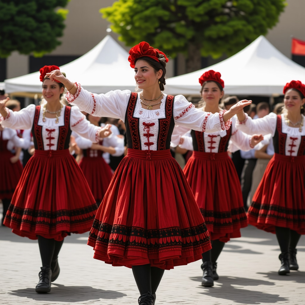 Traditional Balkan dancers in colorful costumes performing at a festival