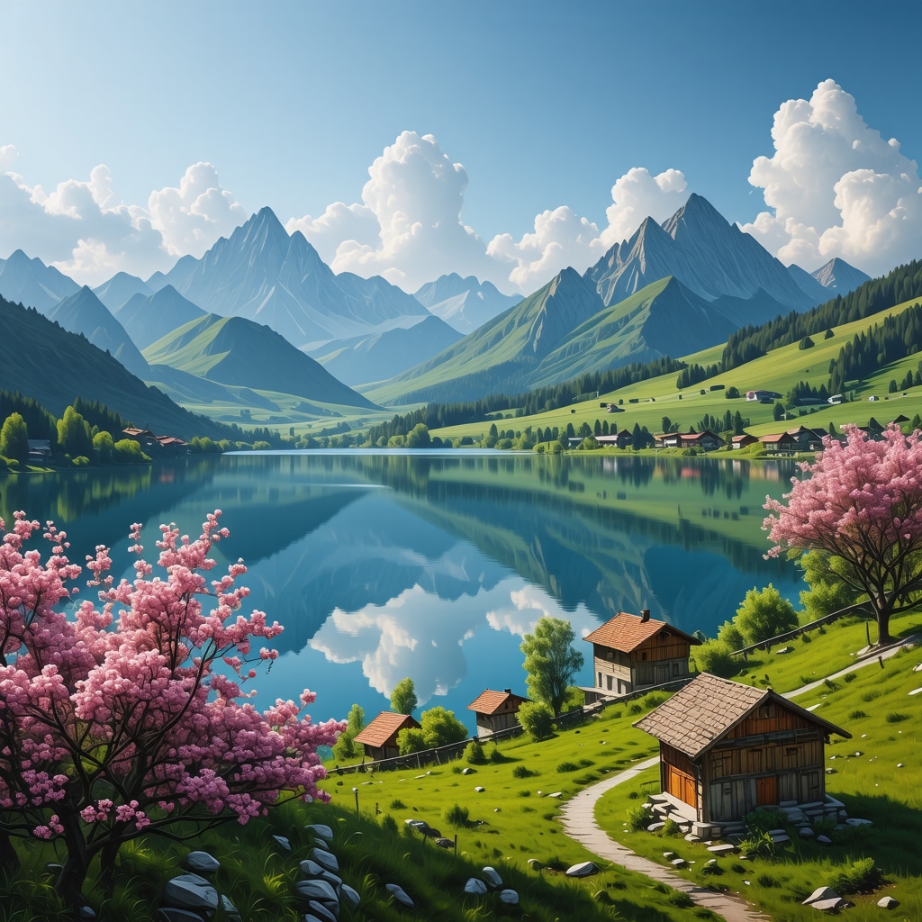 Scenic view of Balkan mountains, lakes, and traditional villages in springtime, vibrant and detailed.