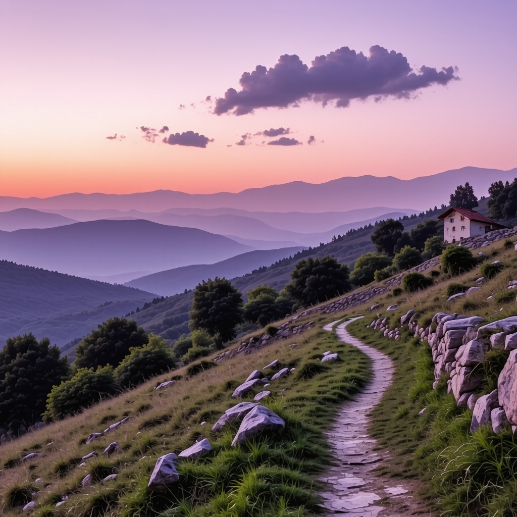Scenic Balkan mountain sunset with traditional village and hiking trail