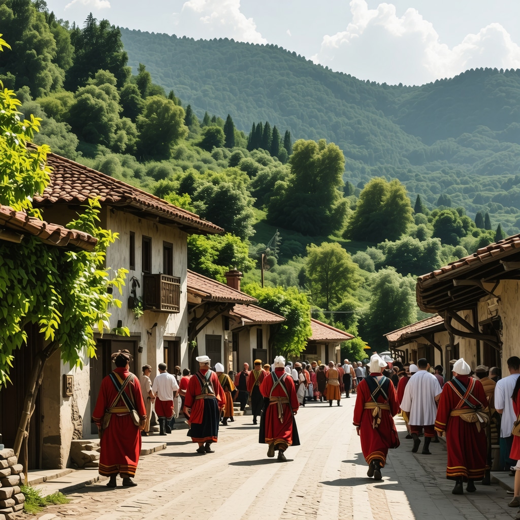 Traditional Balkan village with colorful festival and natural scenery